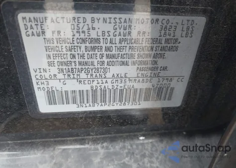 2016 Nissan Sentra Sv from USA, damaged, VIN 3N1AB7AP2GY287301